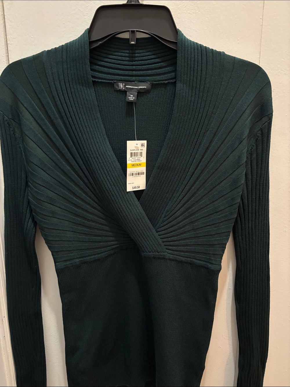 INC International Concepts Deep Teal Ribbed V-Neck Sweater - Medium